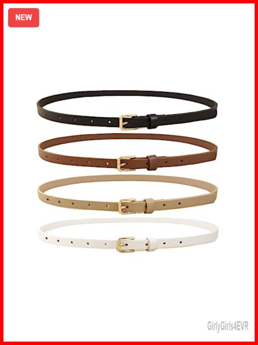 4 Pack Women Skinny Belts PU Leather Thin Waist Belt Gold Buckle